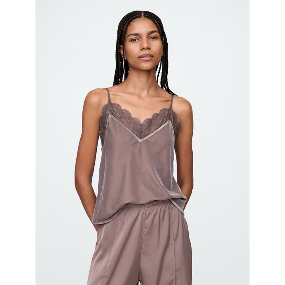 Gap Y2K 90's Style Recycled Velvet Lace Trim V-Neck Cami Tank in Plymouth Rock S